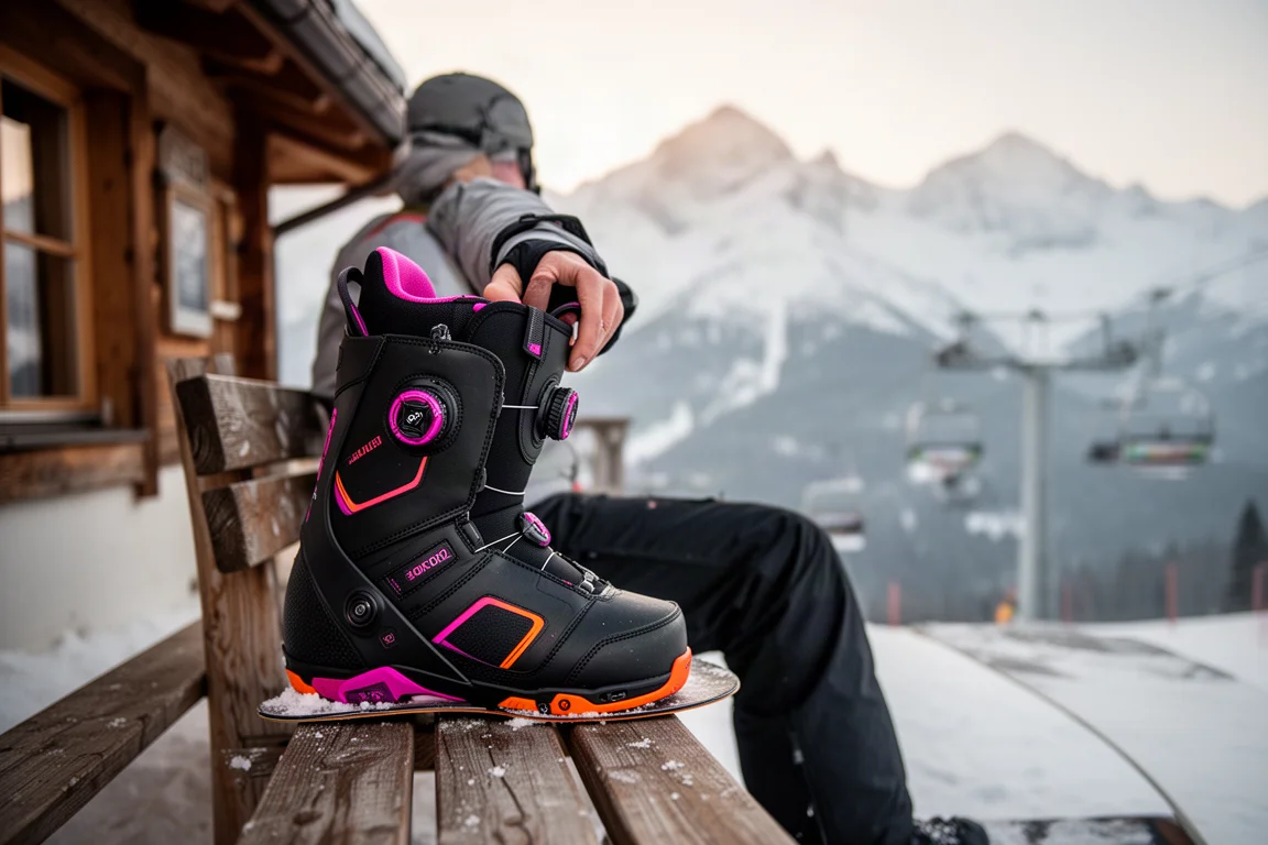 Fahrerin schnürt am Berglodge ein Snowboard-Boot, bevor es auf die Piste geht