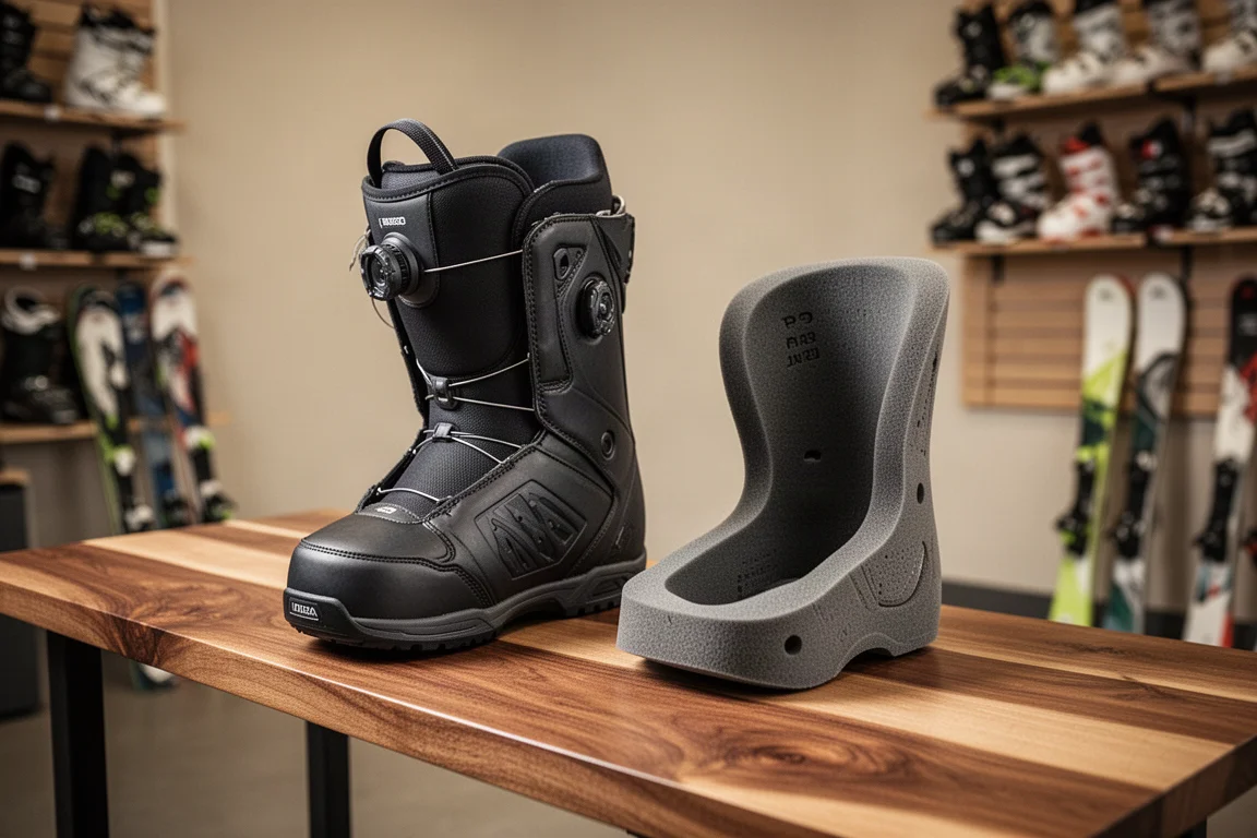 Hitzeformbarer Schaumstoff-Innenschuh neben dem Außenschuh eines Snowboard-Boots