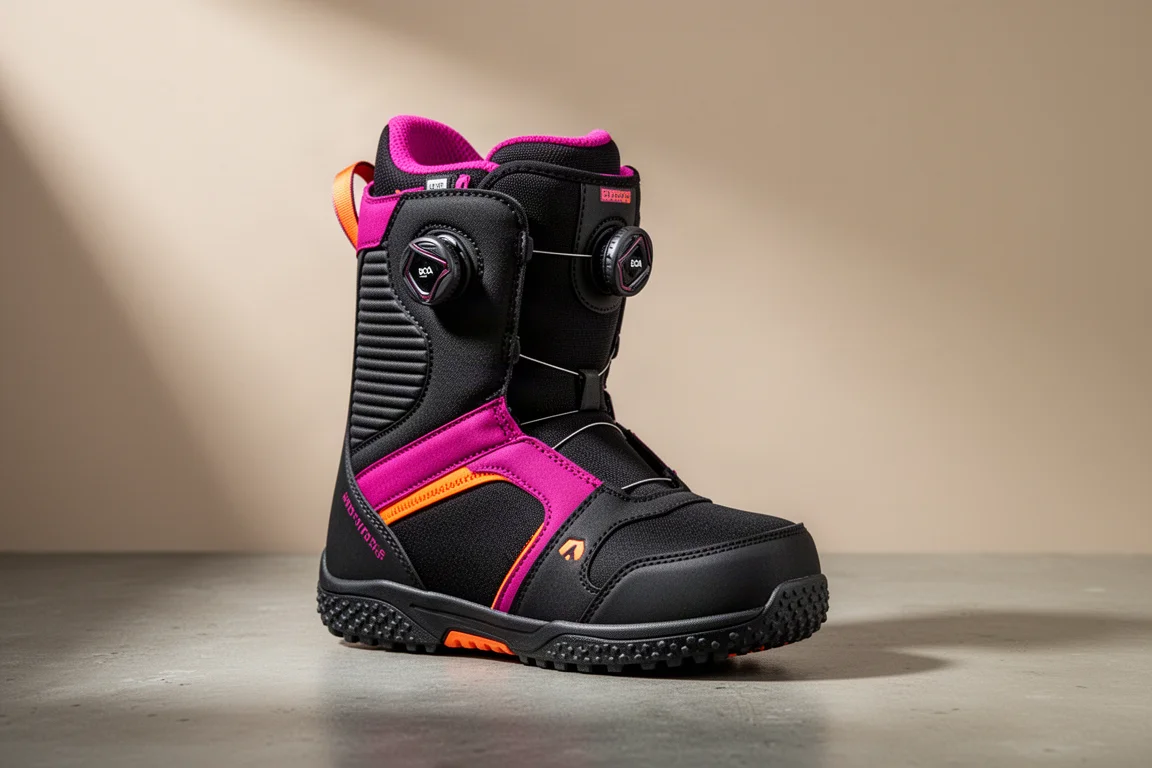 Stivale da snowboard femminile K2 Kinsley nero con dettagli magenta e arancio su superficie di cemento