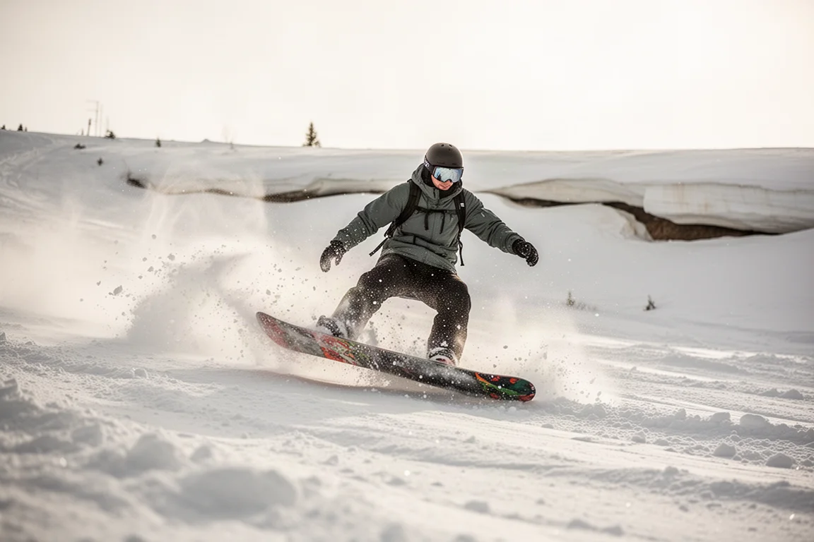 Snowboarder buttering on a slushy spring slope under bright sun