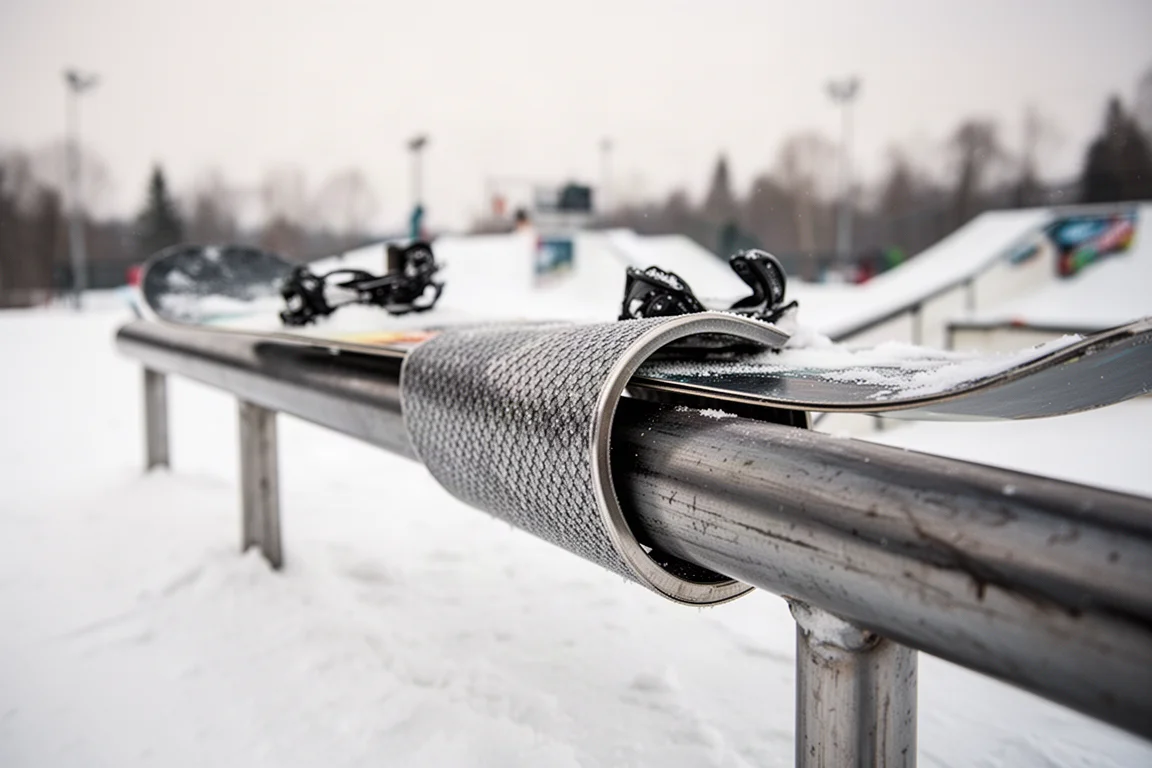 Close-up of a snowboard pressed against a low park rail