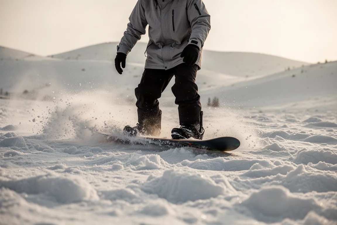 Snowboarder carving a short turn on chattery spring snow