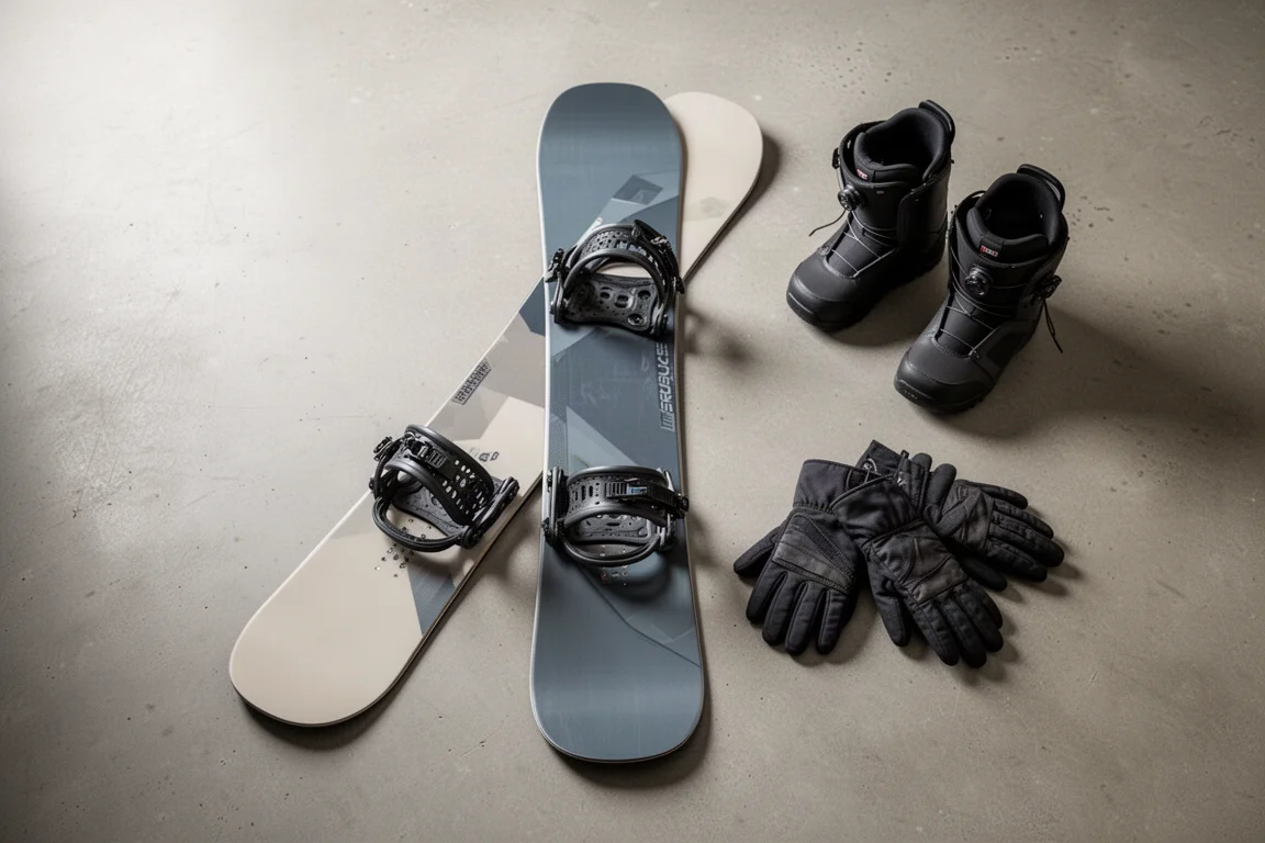 Snowboard and freestyle bindings laid out on a concrete floor