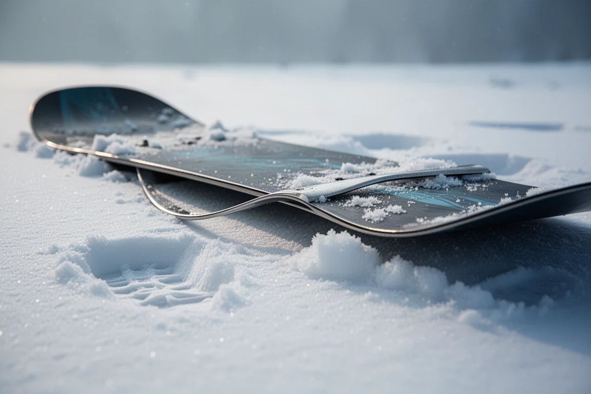 Nahaufnahme des Mittelteils eines Snowboards auf festem Schnee mit Camber-Profil und sichtbarer Stahlkante