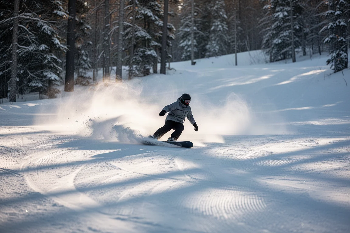 Snowboarder zieht einen weiten Schwung auf frisch präparierter Piste im späten Nachmittagslicht
