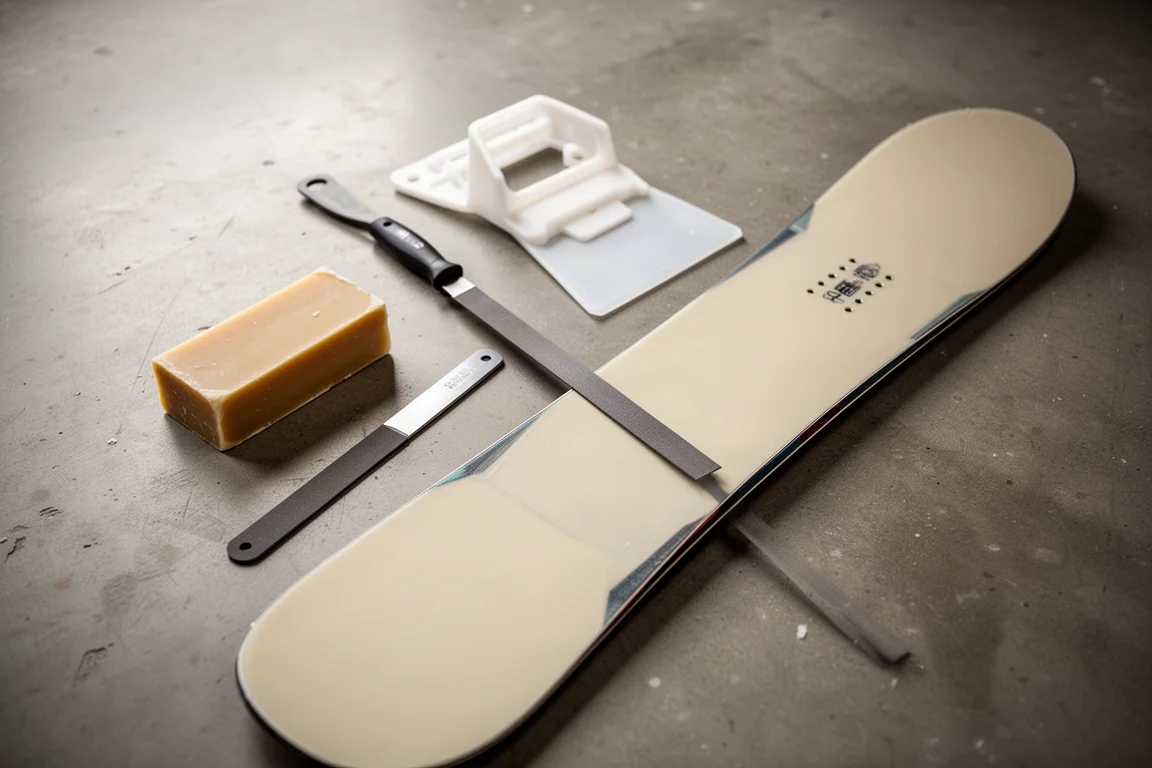 Snowboard-Werkzeug und ein umgedrehtes Board auf dem Betonboden einer Werkstatt