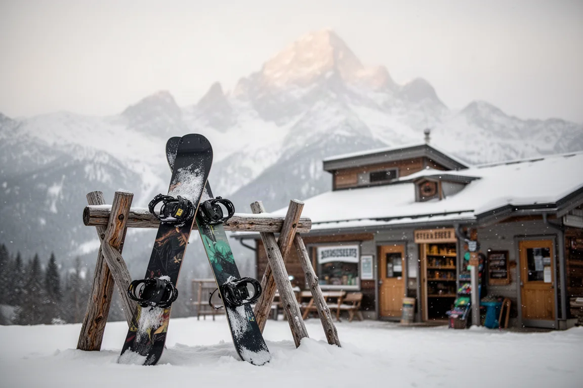 Snowboard lehnt an einem Holzregal vor einem Bergladen, dahinter Gipfel