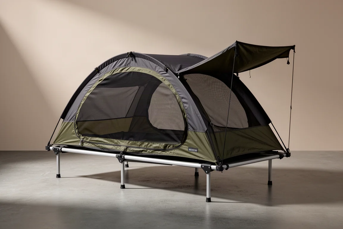 Modern one-person cot tent with mesh panels and fly on a concrete surface