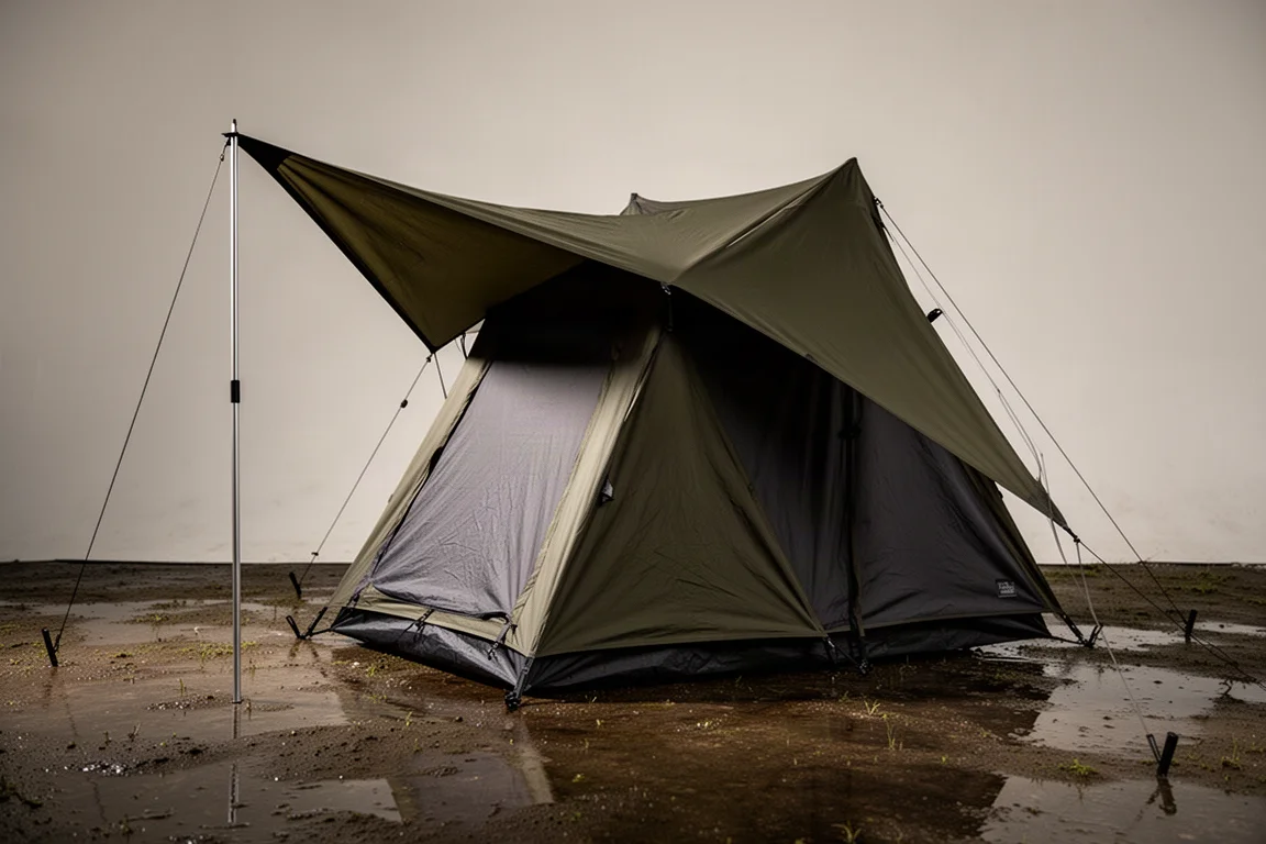 One-person instant camping shelter with angular body and awning propped open