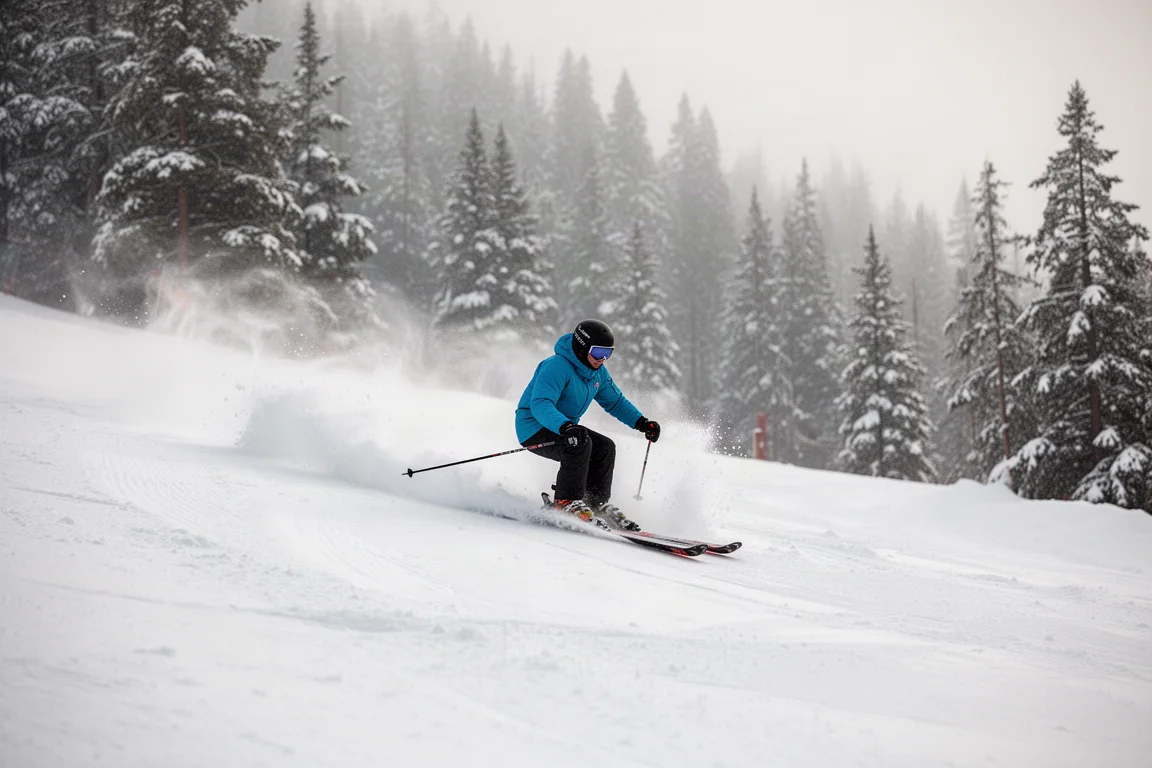 Esquiador fazendo curvas fluidas na neve macia com um esqui all-mountain de largura maior