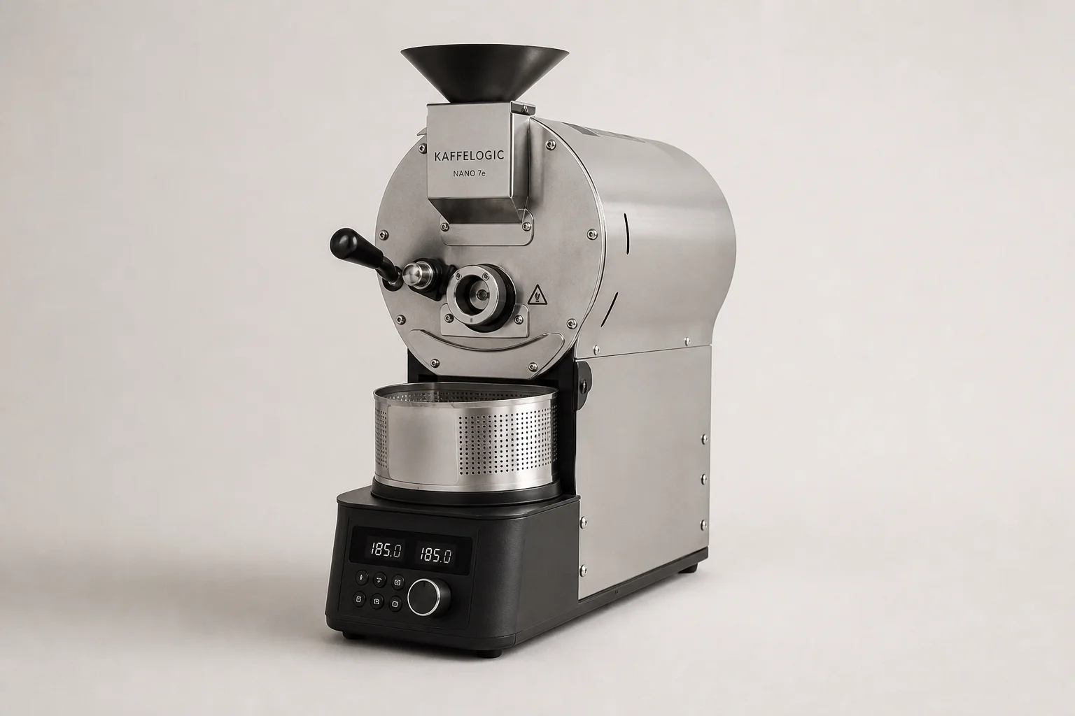 Five home coffee roasters arranged in a line showing size and design progression