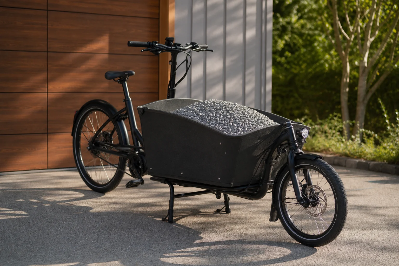 Cargo bike loaded with granite gravel on a residential driveway