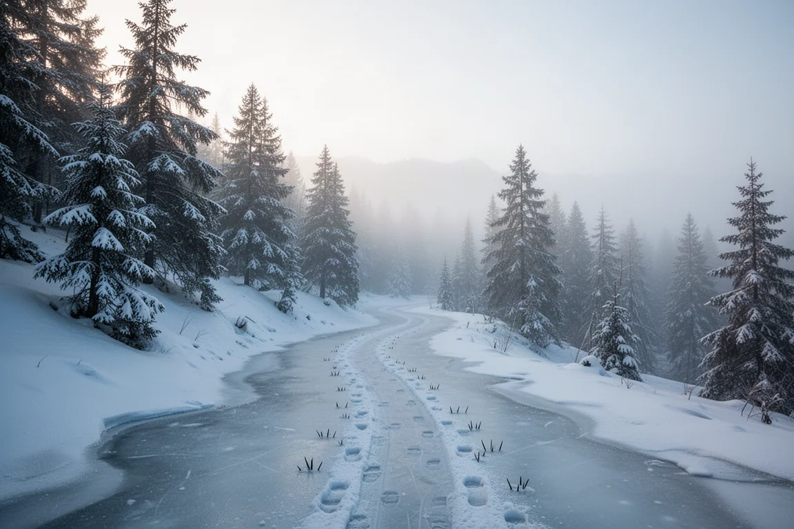 Bottes d'hiver équipées de dispositifs de traction posées sur un départ de sentier enneigé