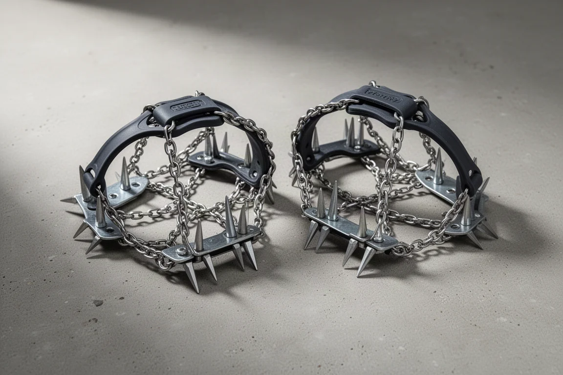 Pair of spike-style winter traction devices with steel chains on a concrete surface