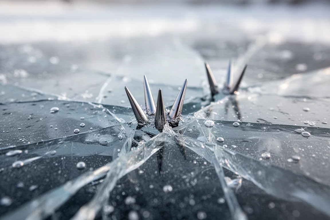 Stahlspikes einer Traction-Hilfe beißen in eine Platte aus rissigem Eis im tiefen Winterlicht
