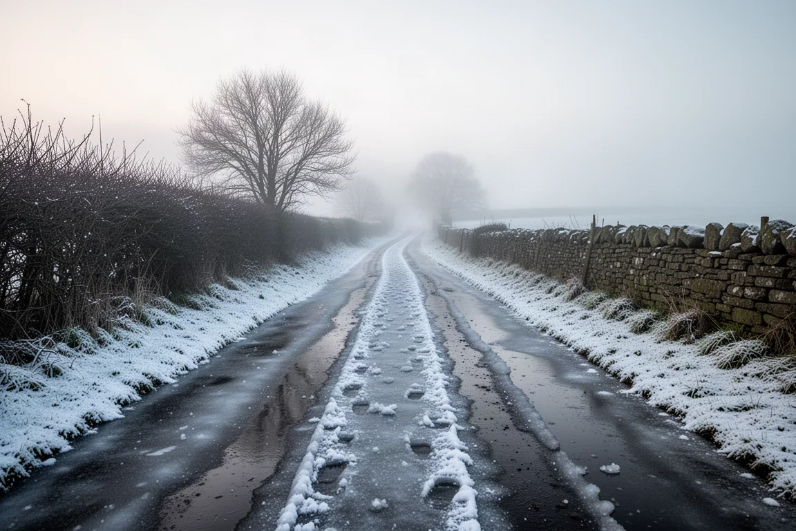 Gefrorener, ausgefahrener Feldweg mit dünnem Schnee über spiegelglattem Eis im ersten Licht