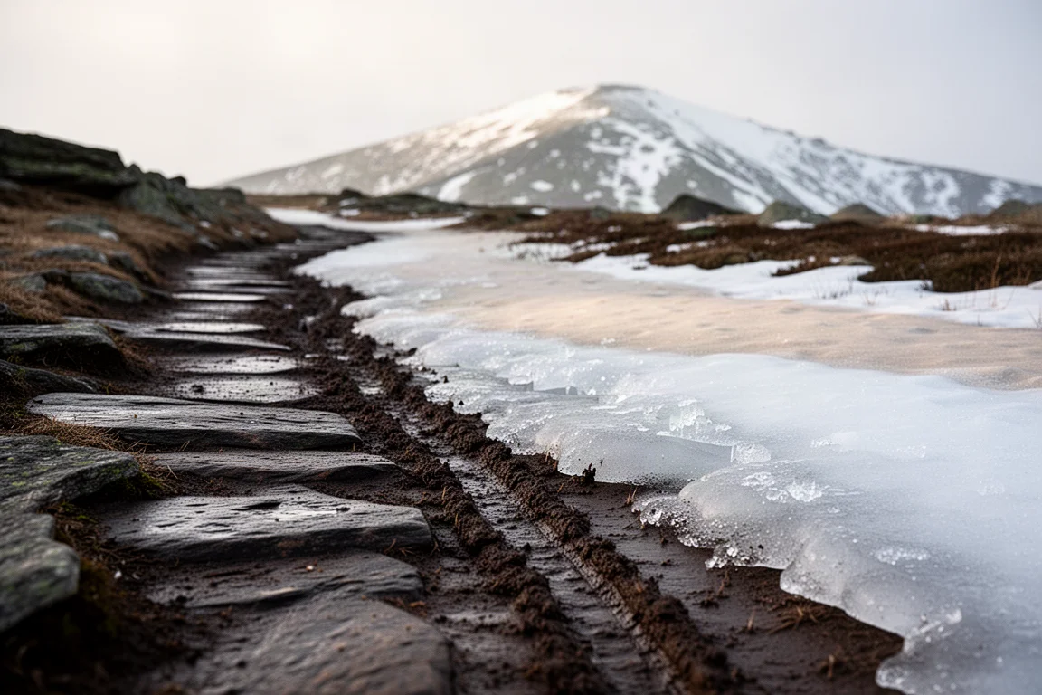 Gemischt genutzter Winterweg, auf dem Felsplatten in gefrorenen Schlamm und eine Eisfläche übergehen