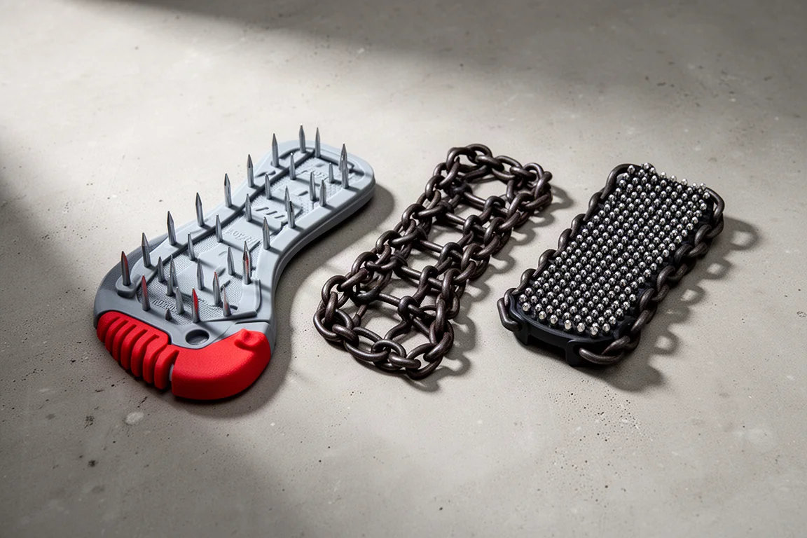 Three compact over-shoe winter traction devices with steel spikes on a concrete surface