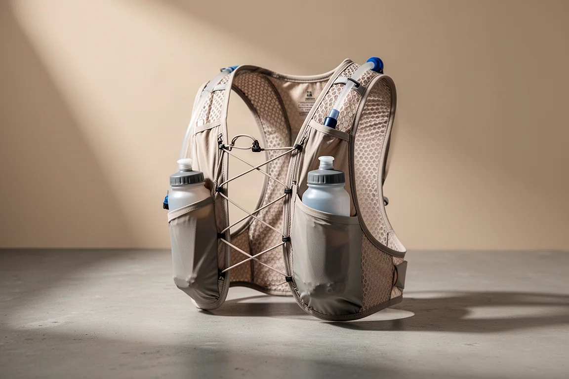 Lightweight trail running hydration vest with soft flasks in chest pockets on concrete
