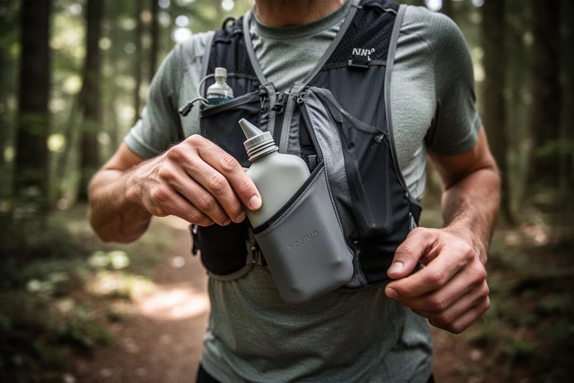 Corredor alcançando o bocal angular de um soft flask enquanto corre em uma trilha florestal
