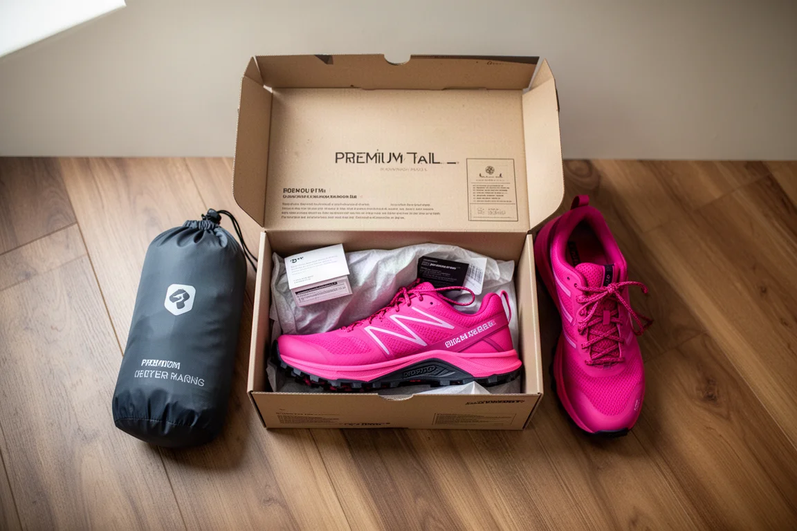 Trailrunningschoen net uit de doos met een klein dry bag ernaast