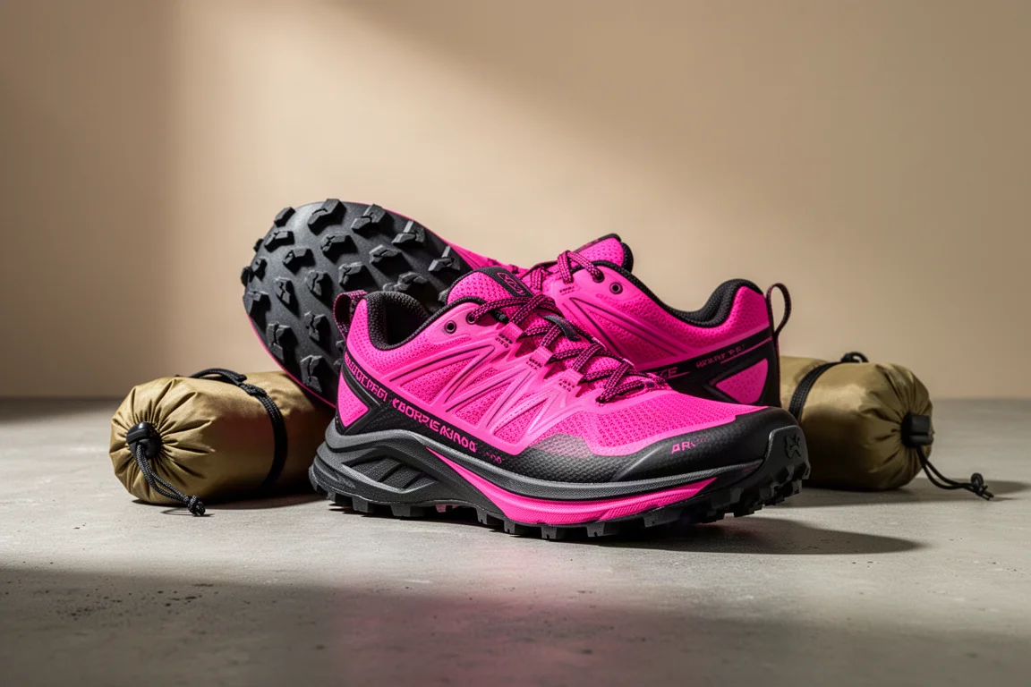 Scarpetta da trail running rosa elettrico con suola tassellata robusta su una superficie in cemento