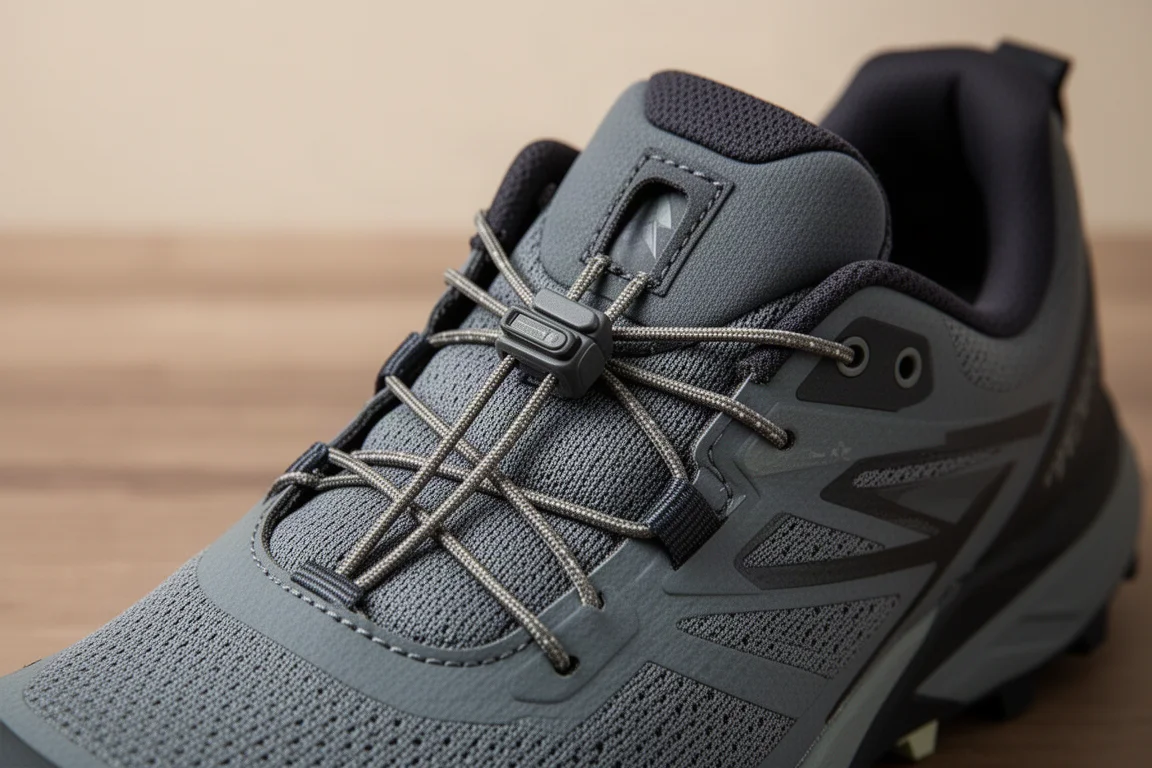 Close-up de um sistema de cadarço rápido com cordão de nylon e mecanismo de trava na língua de um tênis de trail