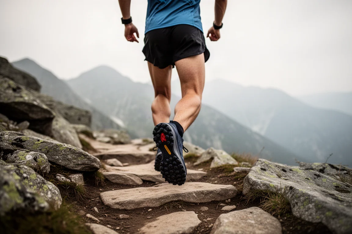 Trailrunner op een rotsachtig bergpad met diep gecushte schoen onder de voet