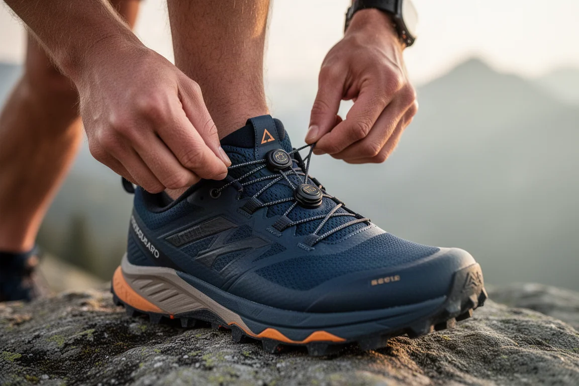 Hardloper trekt een quicklace-systeem met twee knoppen aan bij een trailschoen