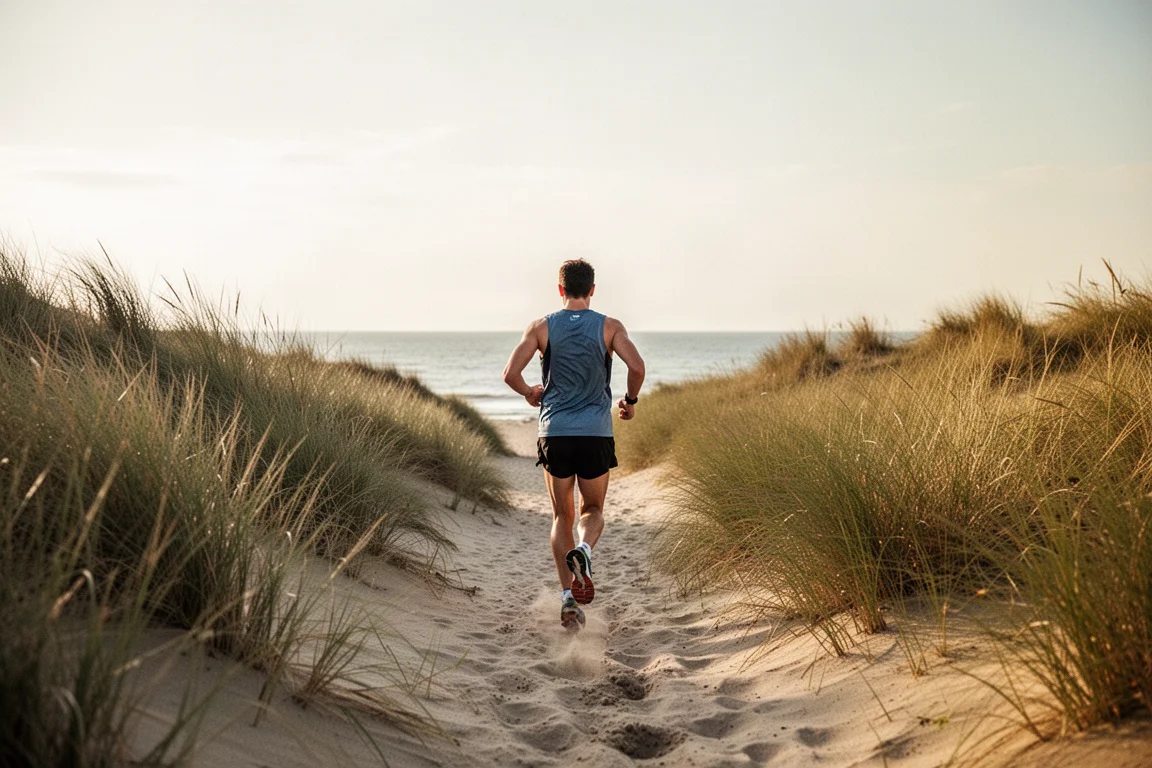 Trailrunner op een zandig kustpad naast hoge duinen in zomerlicht