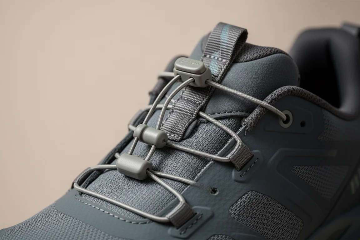 Close-up van een snelvetersysteem met twee gespen en een opbergzakje op de tong van een trailshoe