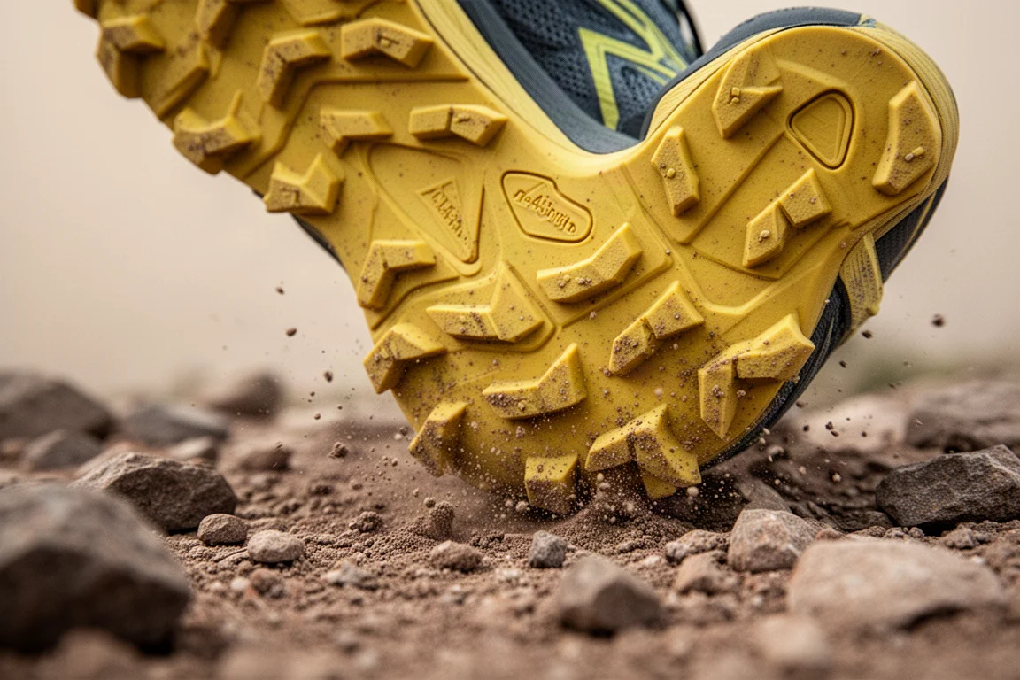 Gele tractiezool van een trailshoe die grip vindt op een rotsachtig pad