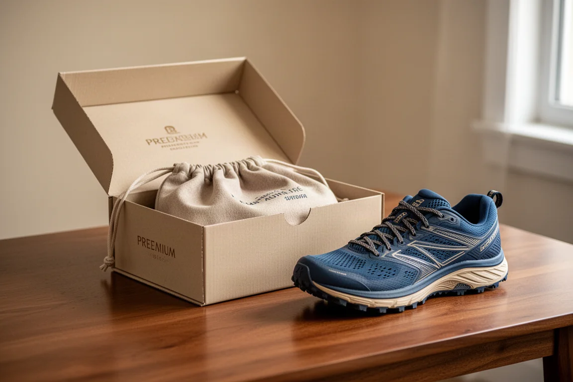 Trailshoe uitgepakt met een luxe schoenentas en presentatiedoos op een houten tafel