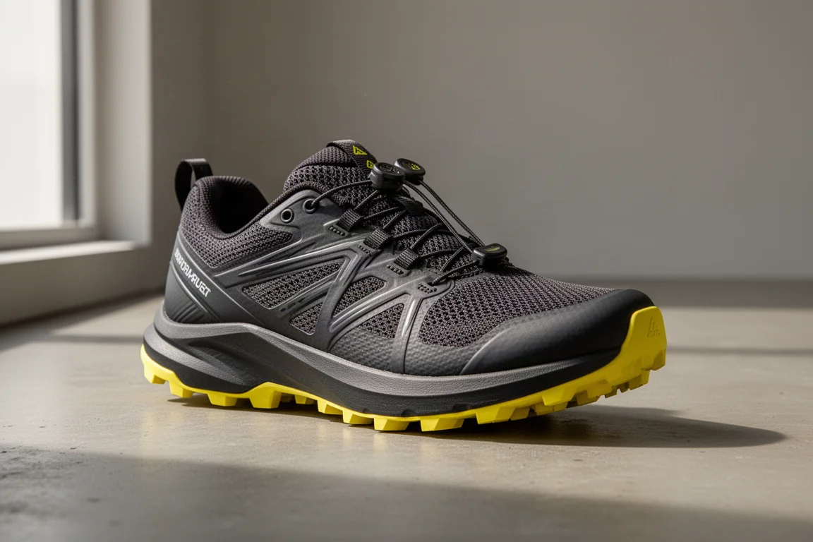 Kailas Fuga Pro 4 trail running shoe with yellow outsole on a concrete surface