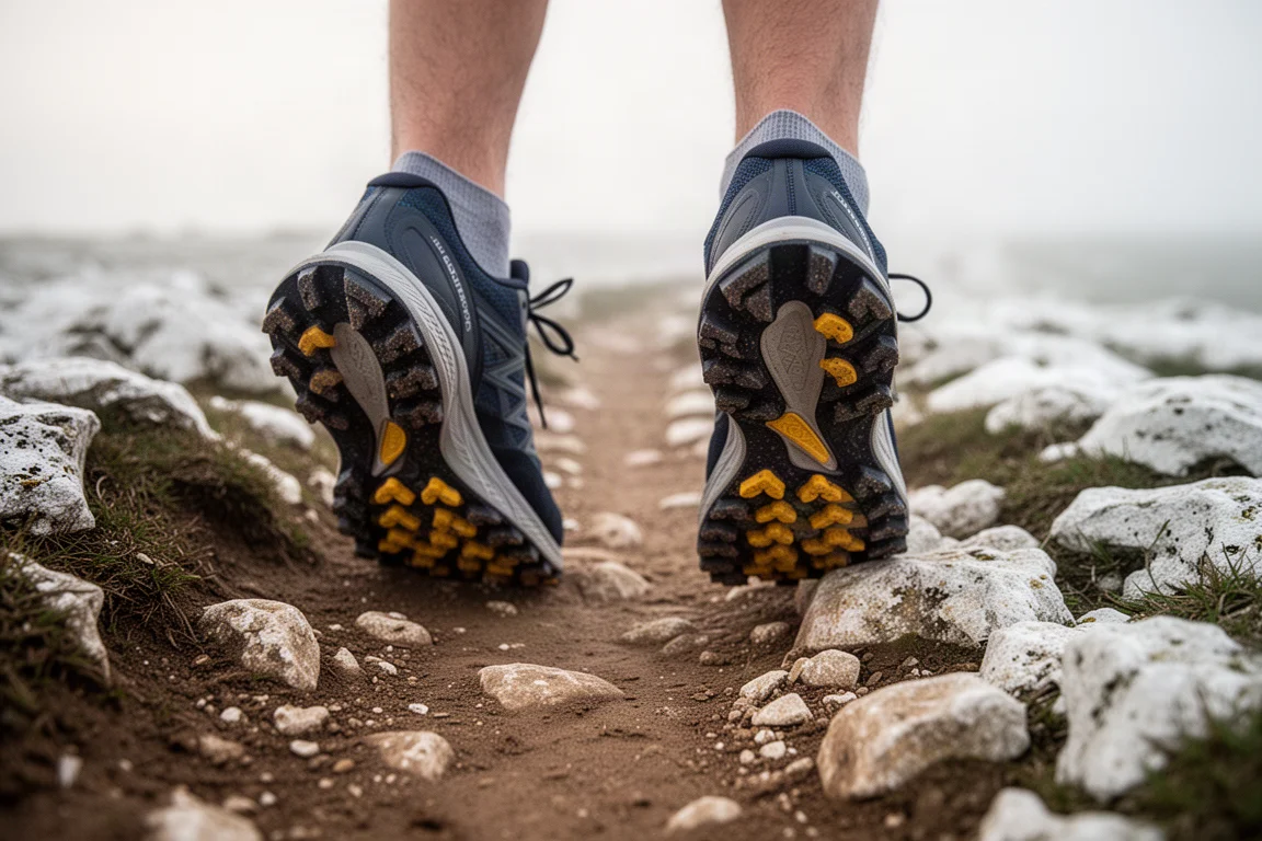 Trail runner's feet descending a rocky dirt path in soft daylight