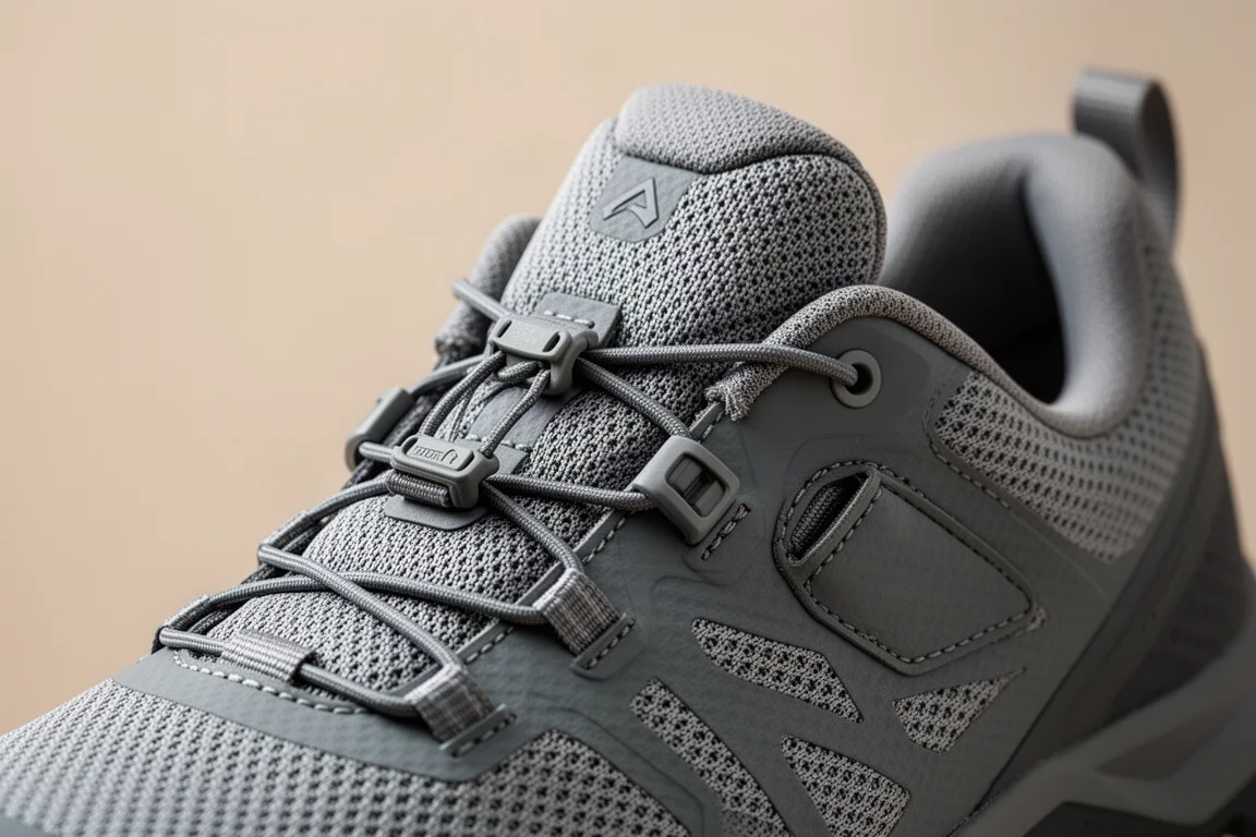Close-up of a dual-buckle lacing system with a lace pocket on a trail shoe