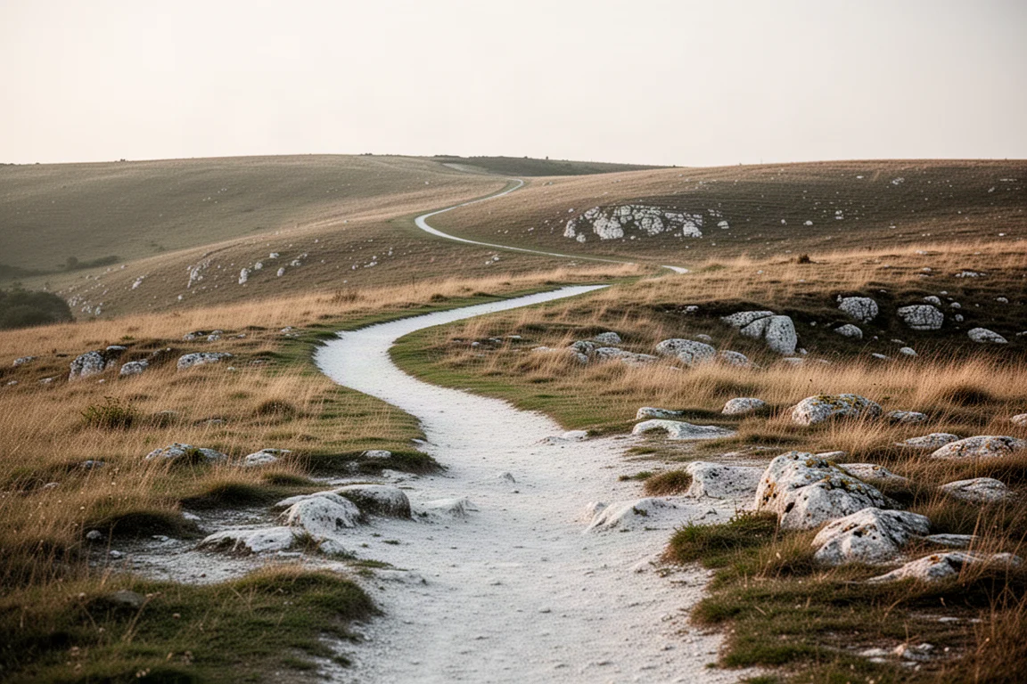 Trail winding through grassy downland with rocky sections under soft light