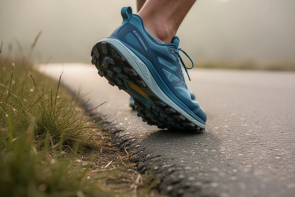 Runner's shoes moving from grass onto a paved road at the trail edge