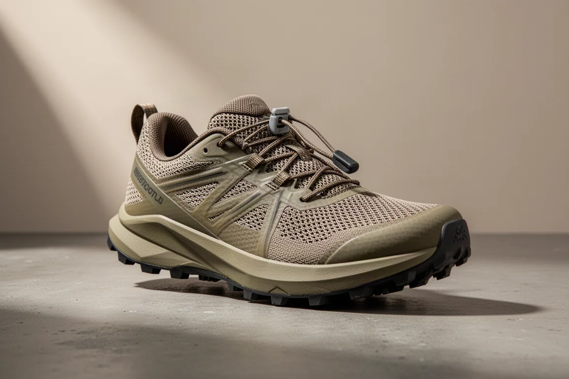 Scarpa da trail running ibrida Kailas Fugi Yao su una superficie in cemento che mostra tasselli poco profondi della suola