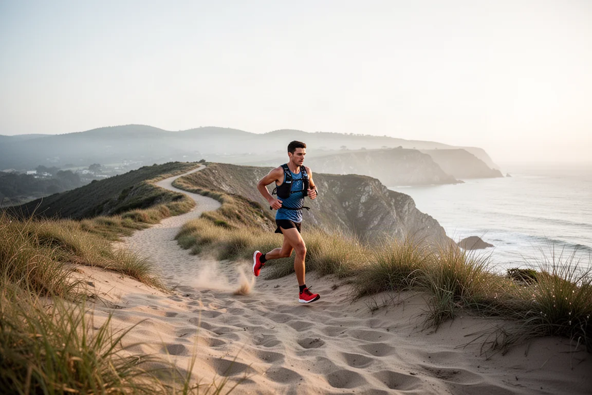 Trail runner che attraversa sabbia morbida ed erba su sentieri costieri