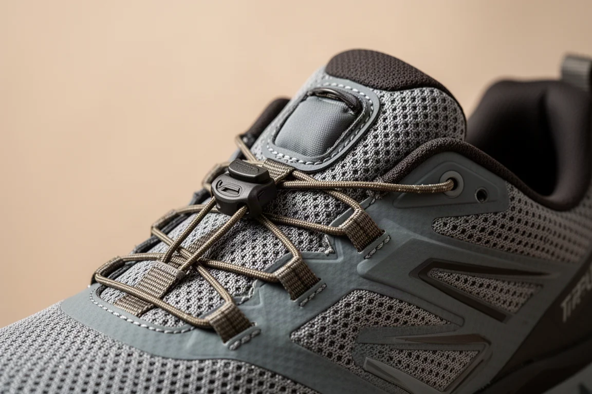 Primo piano del sistema di lacci rapidi con tasca per la linguetta su una scarpa da trail