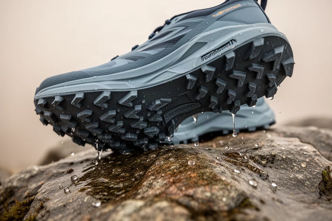 Sentiero roccioso e bagnato con la suola di una scarpa che aderisce alla superficie