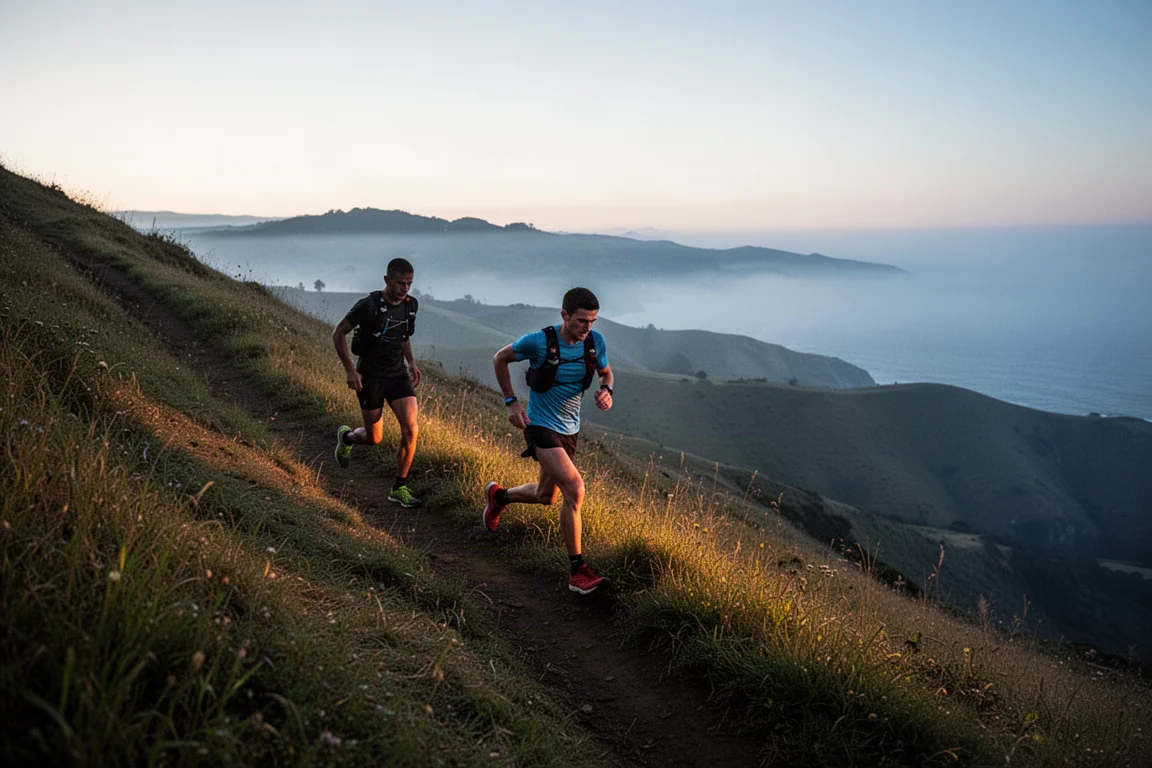 Runner che scala una sezione ripida ed erbosa del sentiero al tramonto