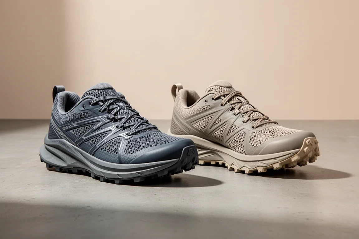 Two Kailis trail running shoes side by side on a concrete surface