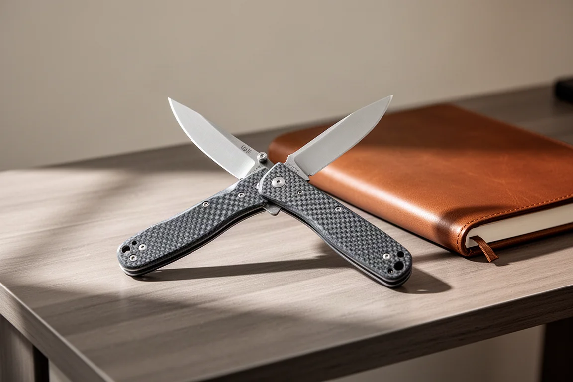 Coltello pieghevole da tasca aperto su una scrivania in legno con una luce soffusa dalla finestra