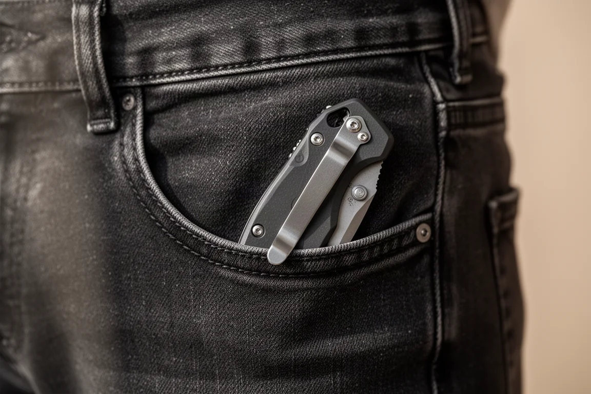 Coltello da tasca con clip all'interno di una tasca di jeans alla luce naturale