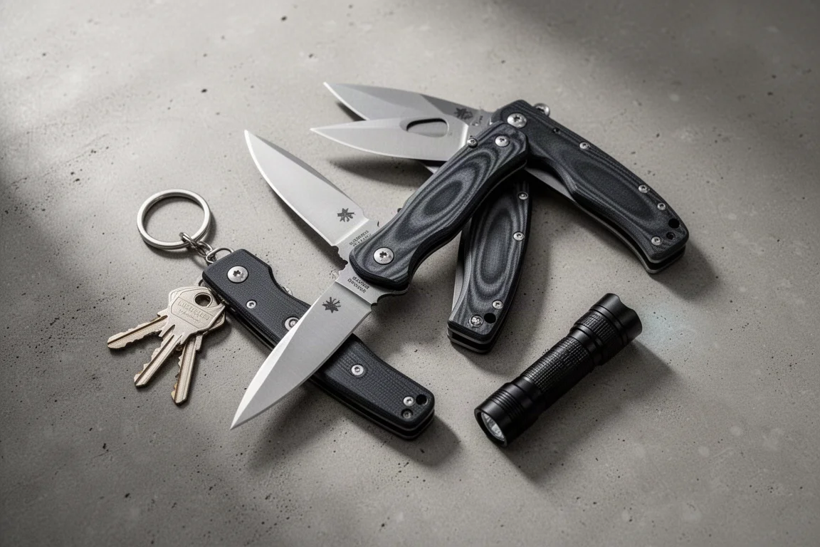 Flat-lay di coltelli pieghevoli e oggetti da everyday carry su cemento