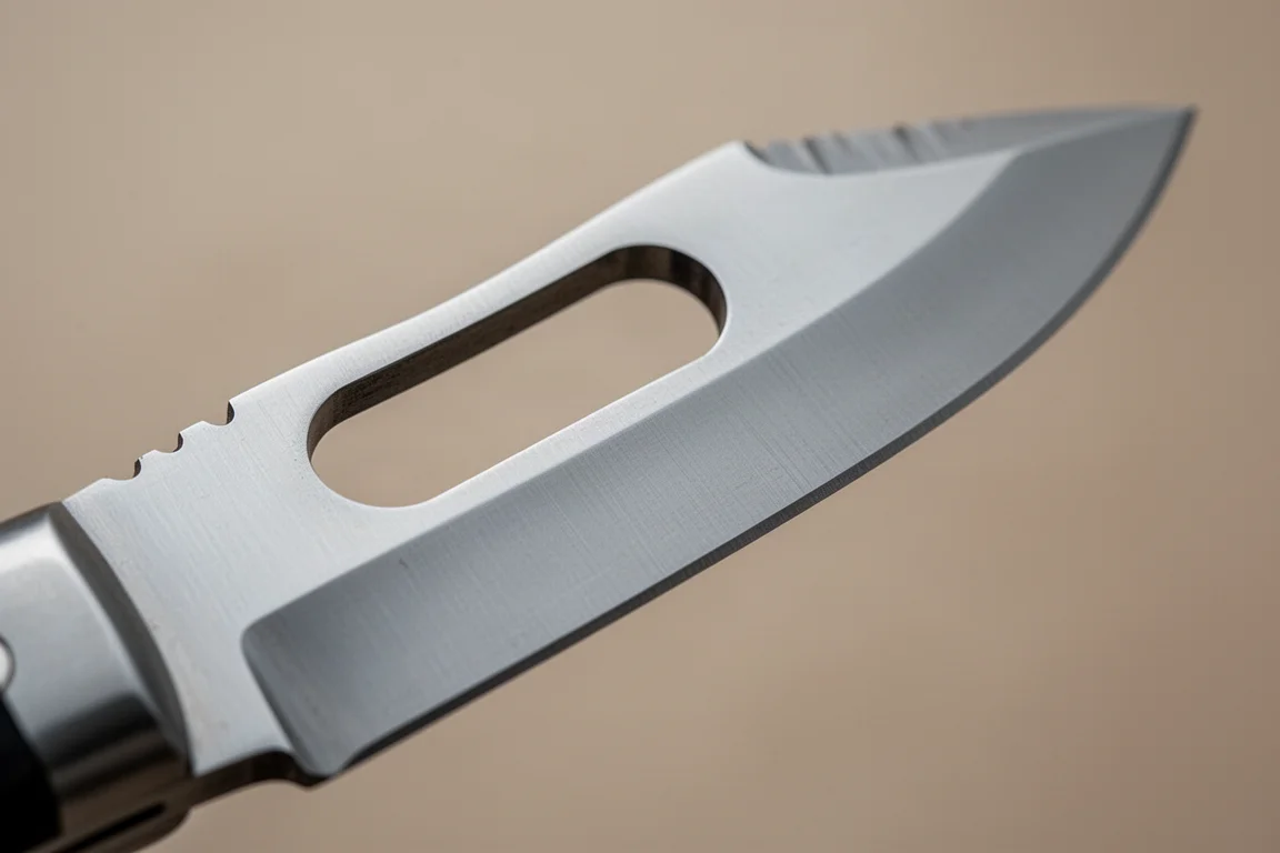 Close-up of a sheepfoot blade edge with a wide flat grind under soft light