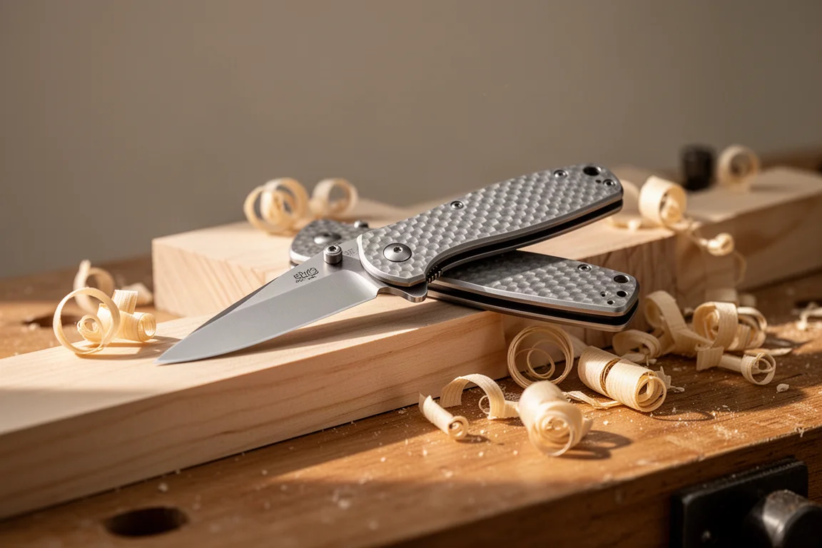 Hand-length knife held loosely during wood shaving work on a bench