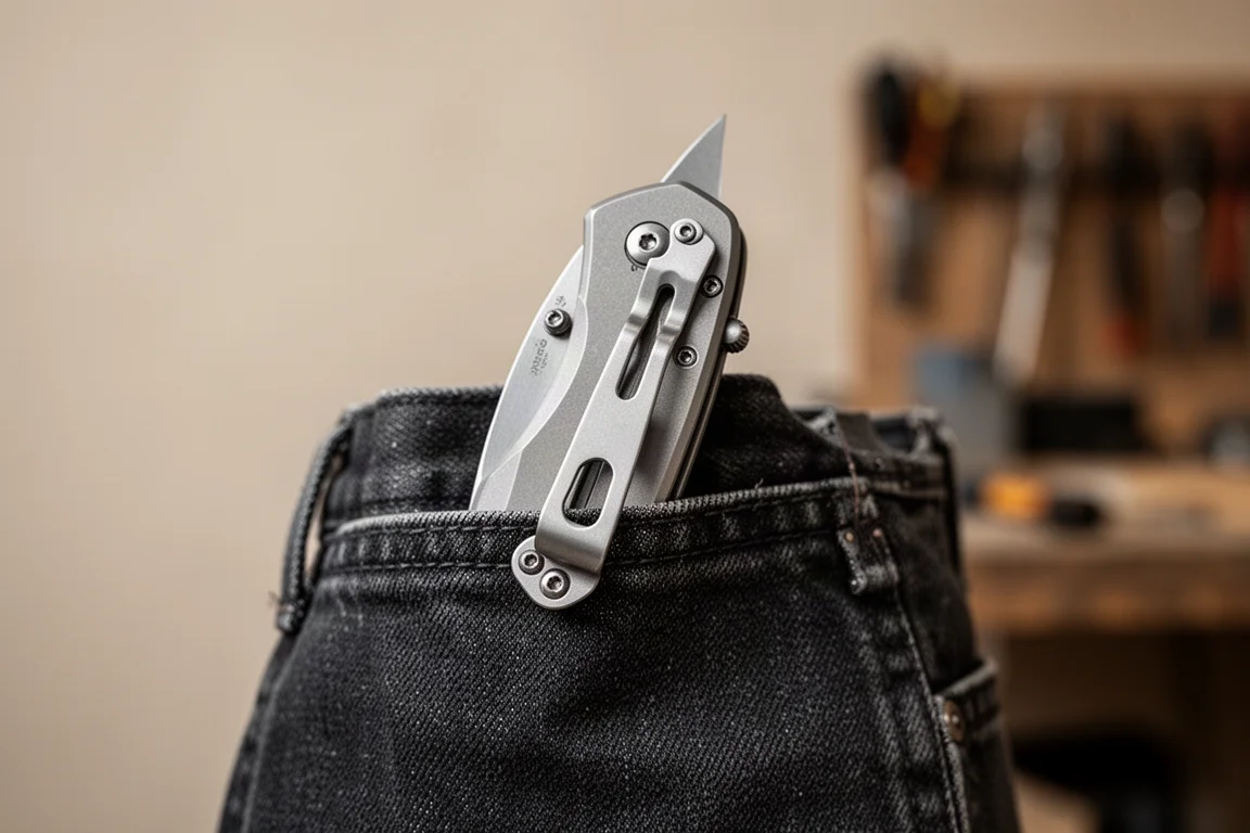 Knife clipped to a trouser pocket with machined titanium clip visible